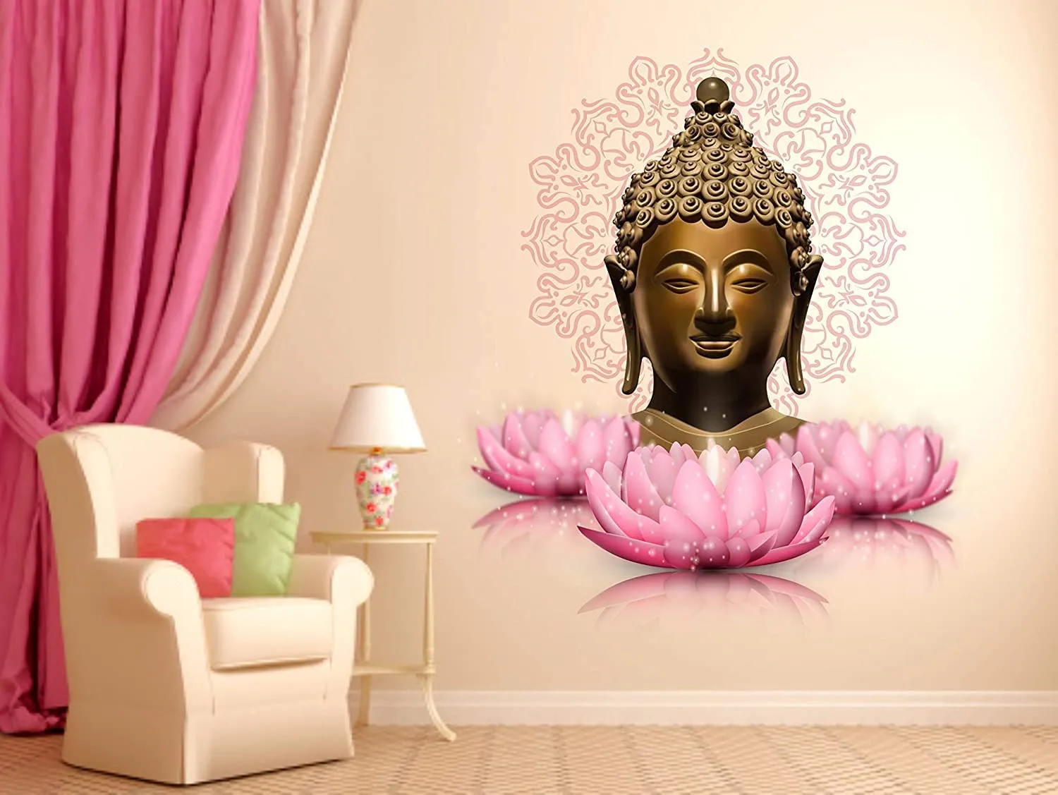 Akki Wold Buddha Lotus Flowers Wall Sticker for Kids Room, Pooja Room, Living Room (Multicolor, Size- 56Cm X 61Cm)