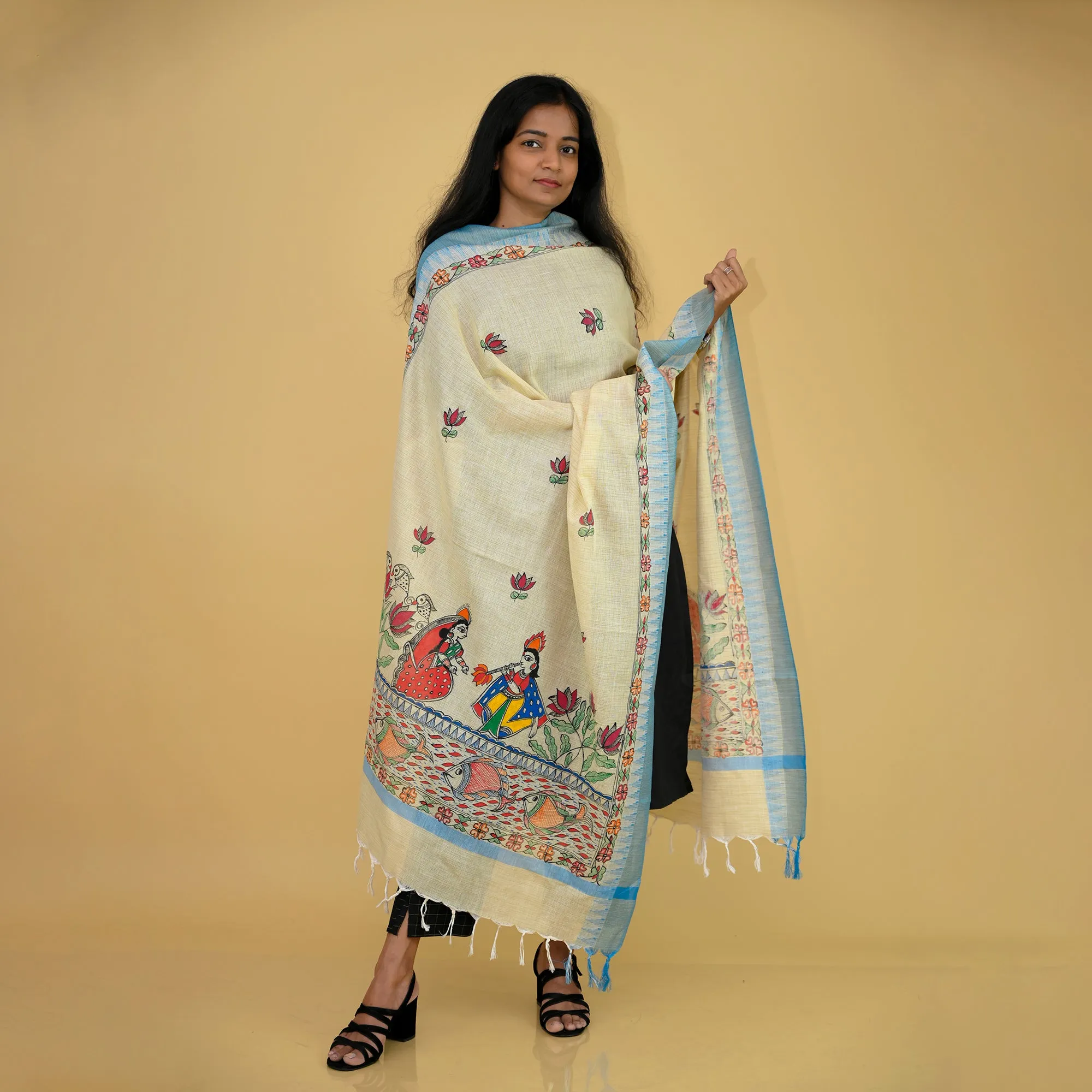 Beige - Handpainted "Serene" Madhubani Cotton Dupatta