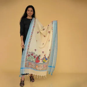 Beige - Handpainted "Serene" Madhubani Cotton Dupatta