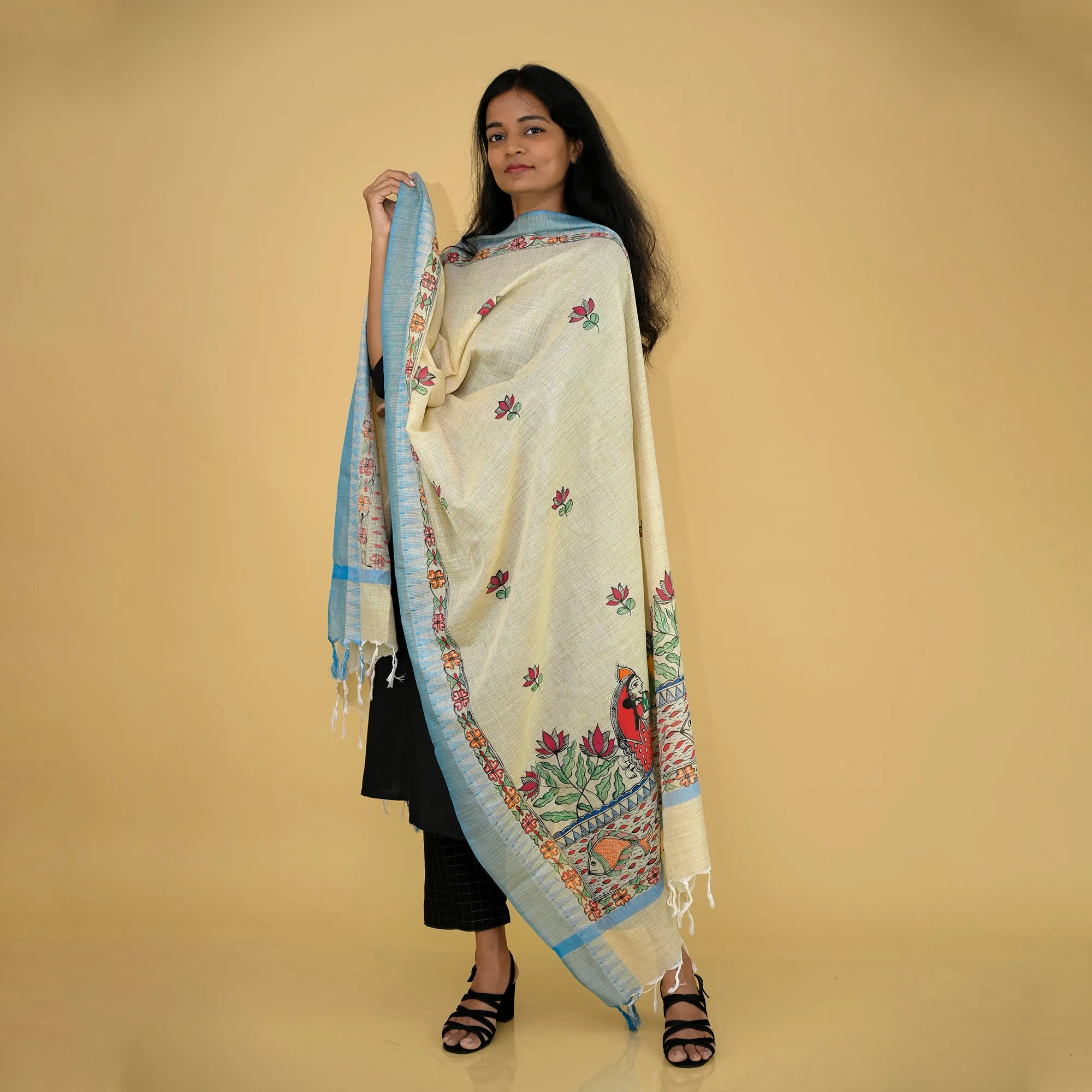 Beige - Handpainted "Serene" Madhubani Cotton Dupatta