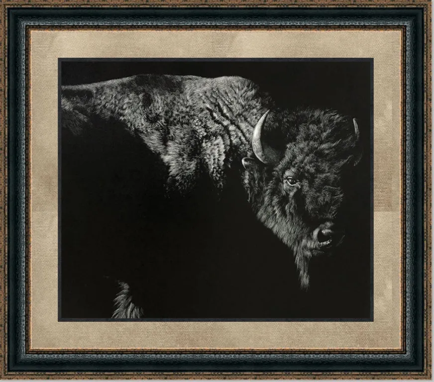 Enduring | Framed Lodge Buffalo Art in Double Mat | 25L X 29W" Inches