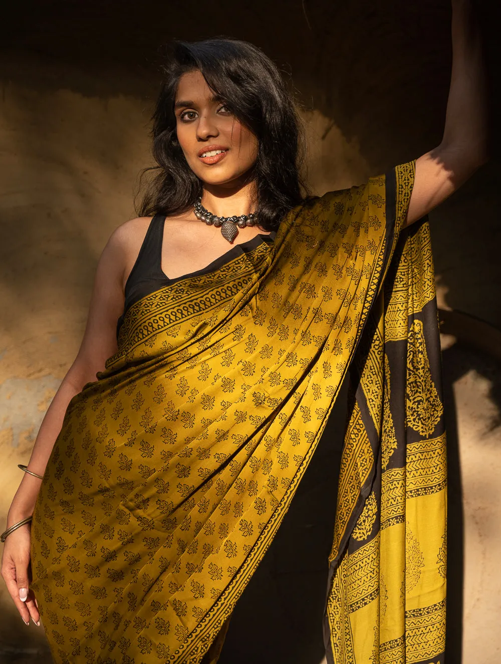 Exclusive Bagh Hand Block Printed Modal Silk Saree - Floral Appeal