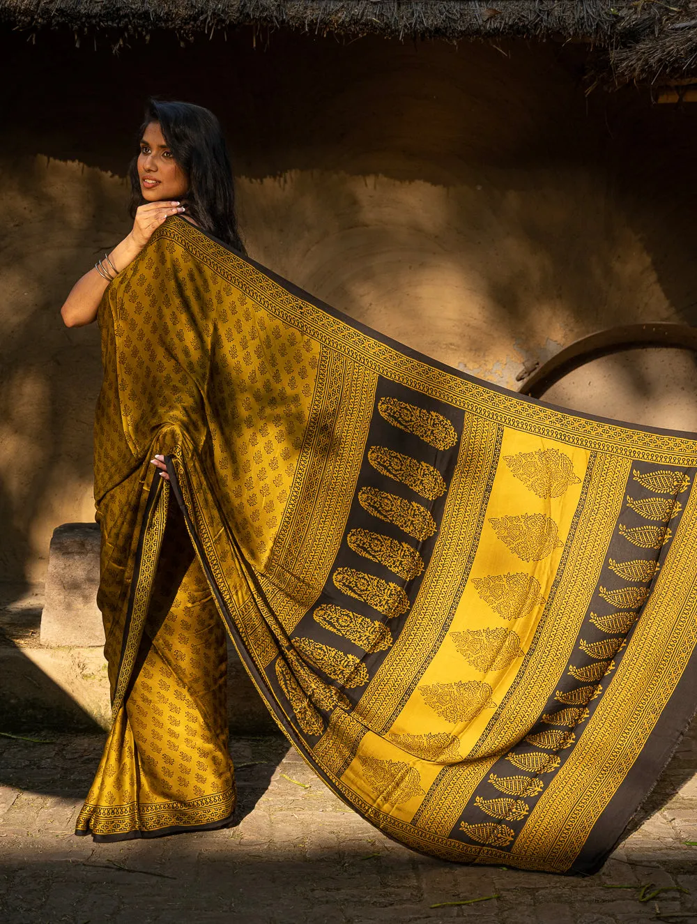 Exclusive Bagh Hand Block Printed Modal Silk Saree - Floral Appeal