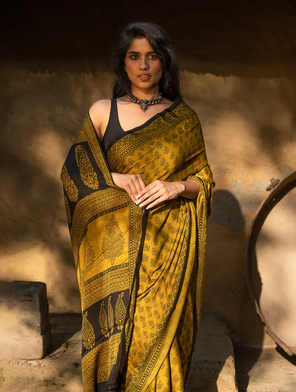 Exclusive Bagh Hand Block Printed Modal Silk Saree - Floral Appeal