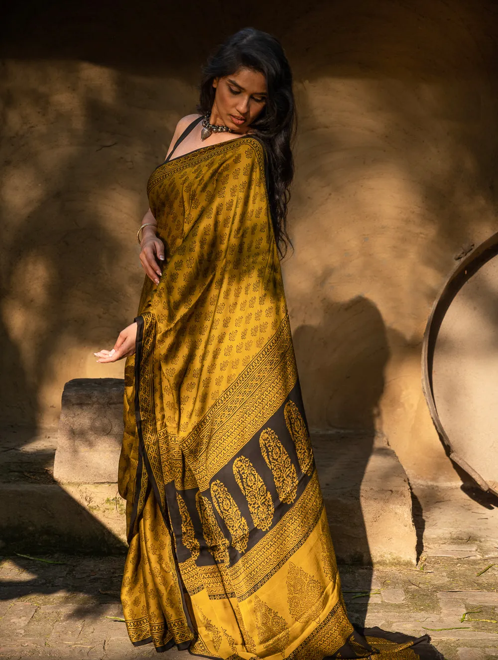 Exclusive Bagh Hand Block Printed Modal Silk Saree - Floral Appeal