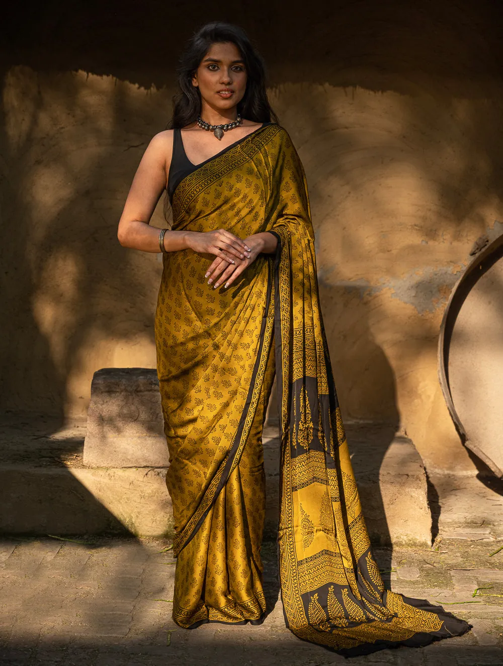 Exclusive Bagh Hand Block Printed Modal Silk Saree - Floral Appeal