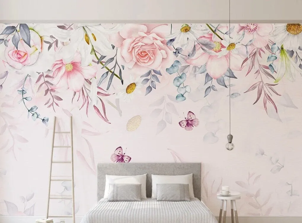 Floral wallpaper flower wall mural, rose wallpaper butterfly wallpaper peel and stick vinyl wall decals daisy wallpaper botanical wallpaper