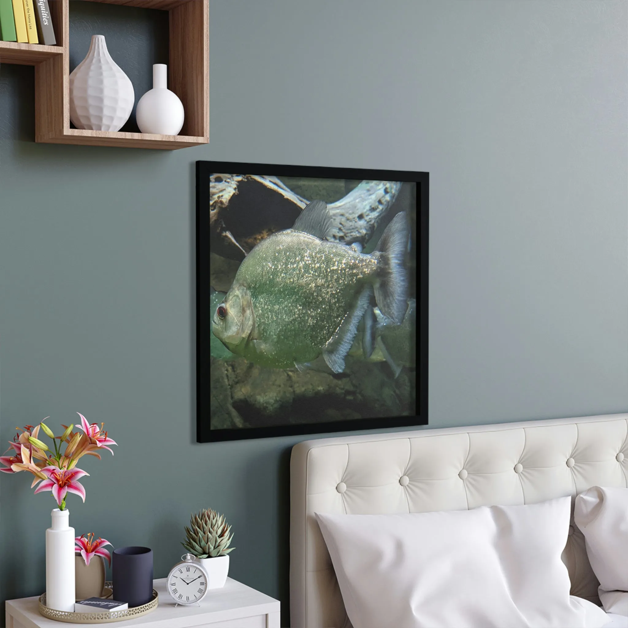 Glitter Green Fish Piranha Framed Poster