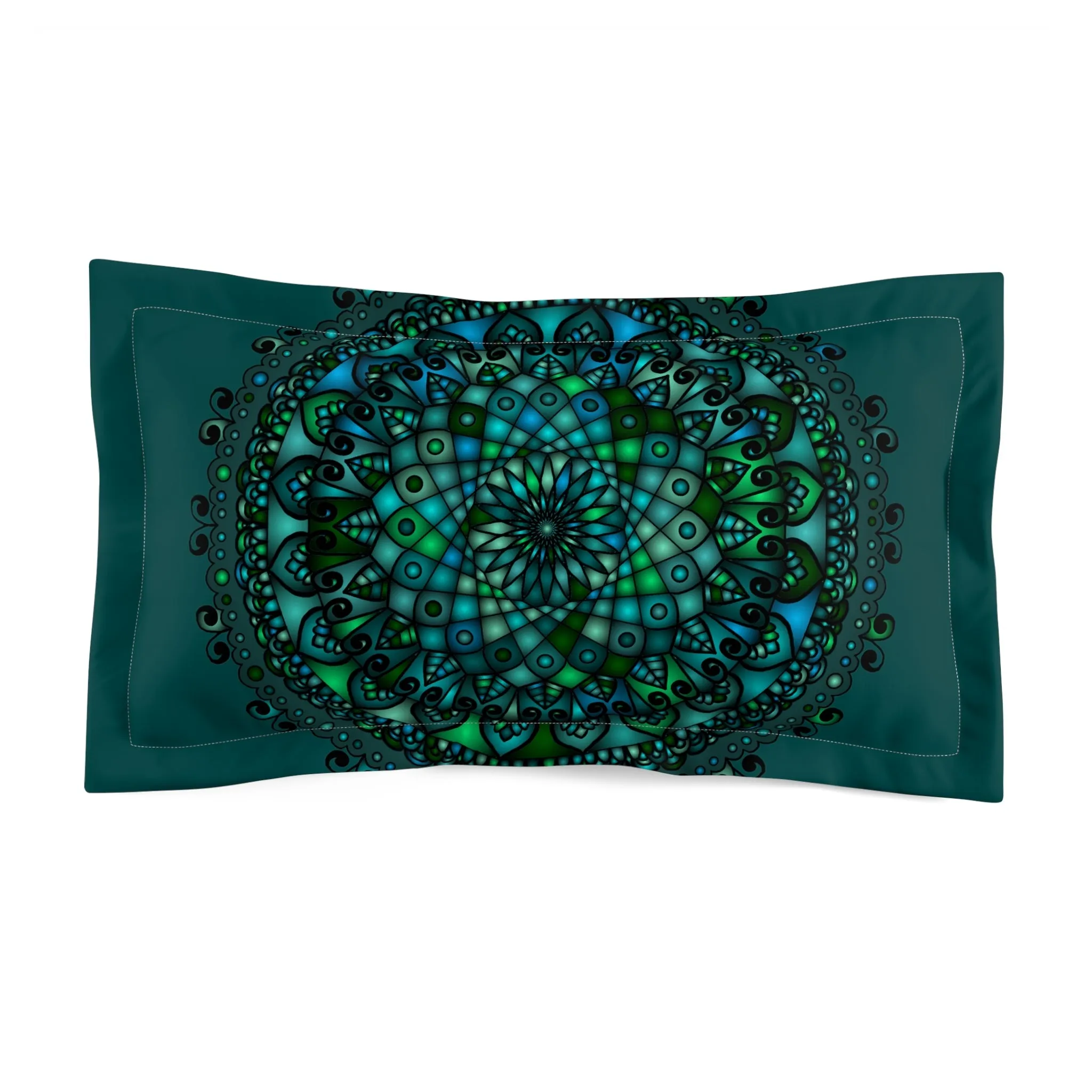 Green Mandala Art Hand-Drawn Microfiber Pillow Sham - Dark Petroleum Green Background