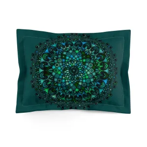 Green Mandala Art Hand-Drawn Microfiber Pillow Sham - Dark Petroleum Green Background